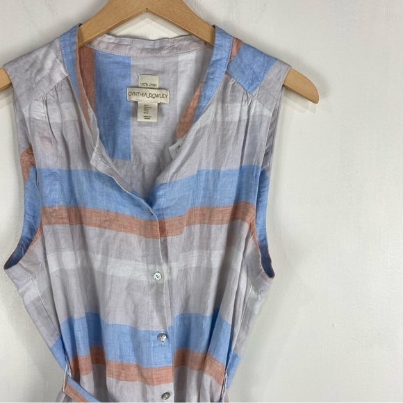 Cynthia Rowley 100% Linen Tie Waist Button Up Tank Top Shirt Midi Dress Large - Picture 2 of 5